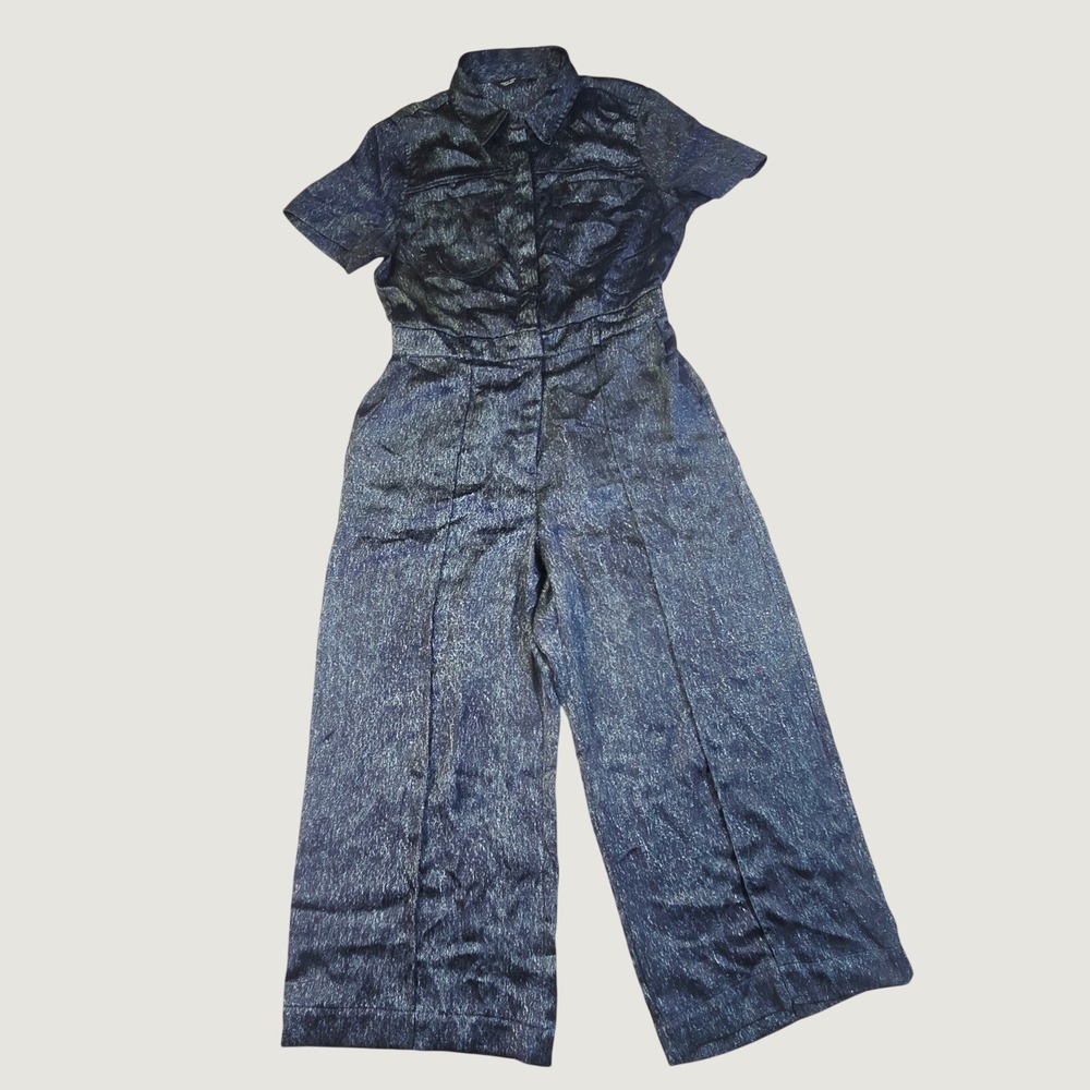 Simply Vera Wang Women's Medium Jumpsuit Blue Metallic Short Sleeve Wide Leg